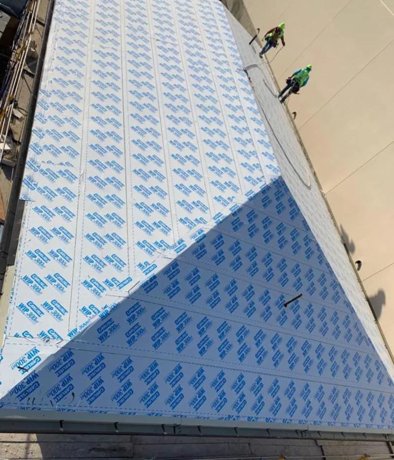 Professional roofers installing underlayment on a metal roof in Belleville